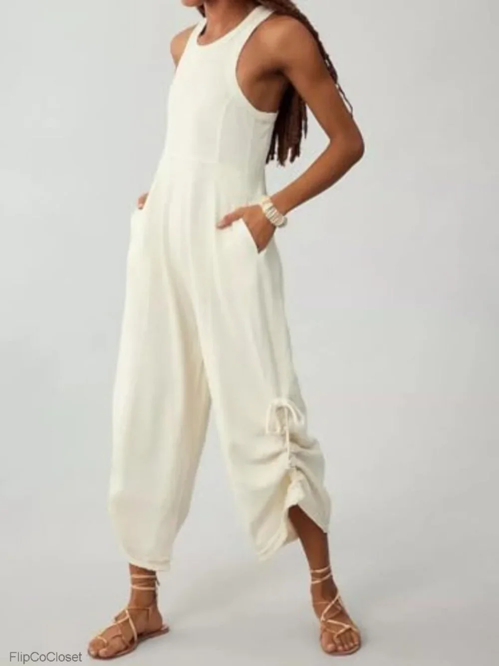 Women's Sleeveless Wide Leg Jumpsuit Loose Fit Cotton Romper with Pockets &